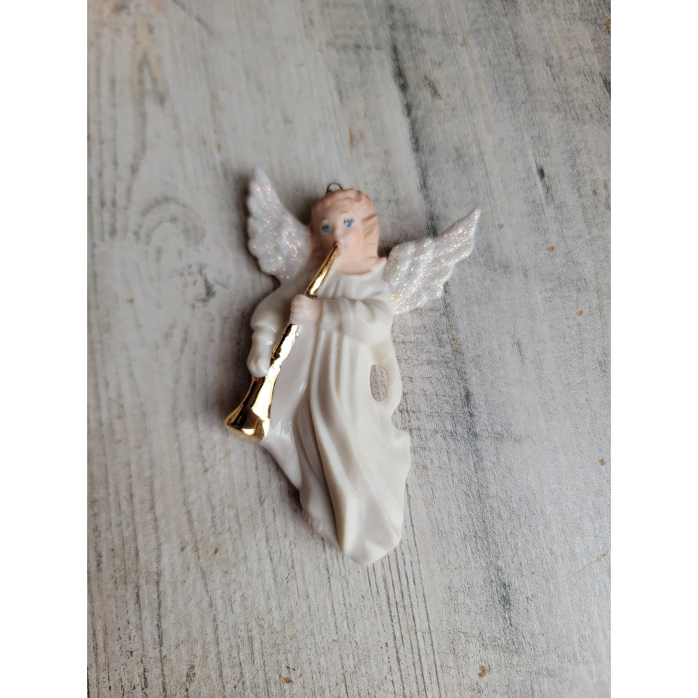 Vintage porcelain Angel horn glitter religious ornament Xmas unique home